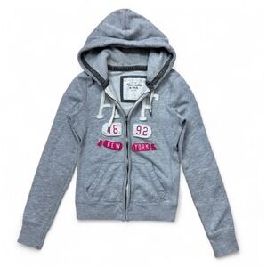 Y2K Abercrombie & Fitch Grey Pink Full Zip Jacket Hoodie Distressed Womens Small